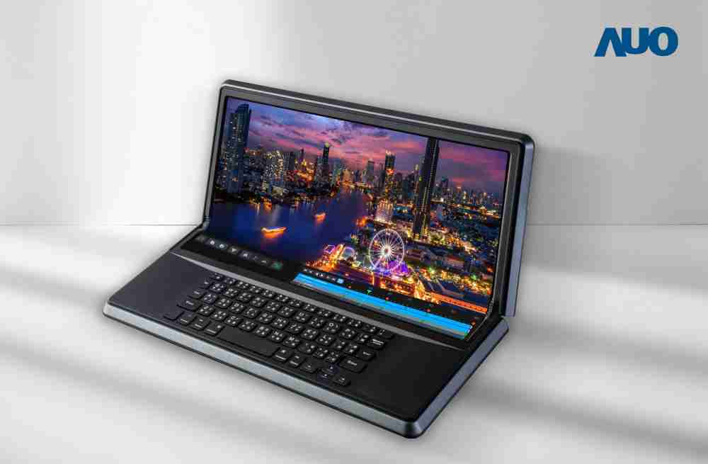 赏金国际14.6吋Micro LED折迭显示屏幕，，，，搭配半径4mm的弯折绞炼，，以及高画素、、、高亮度、、、、高对比度的显示技术特点，，，，即便在大视角下仍保有绝佳色相与亮度